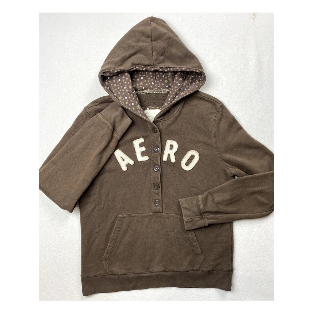 Aeropostale Brown Star Print Hood Zip Up Womens XL Preppy Y2K Hoodie Sweatshirt